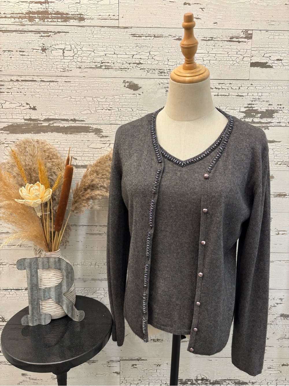 Laurel Gray Women's 2 Piece Set V-Neck Sweater with Matching Button Cardigan